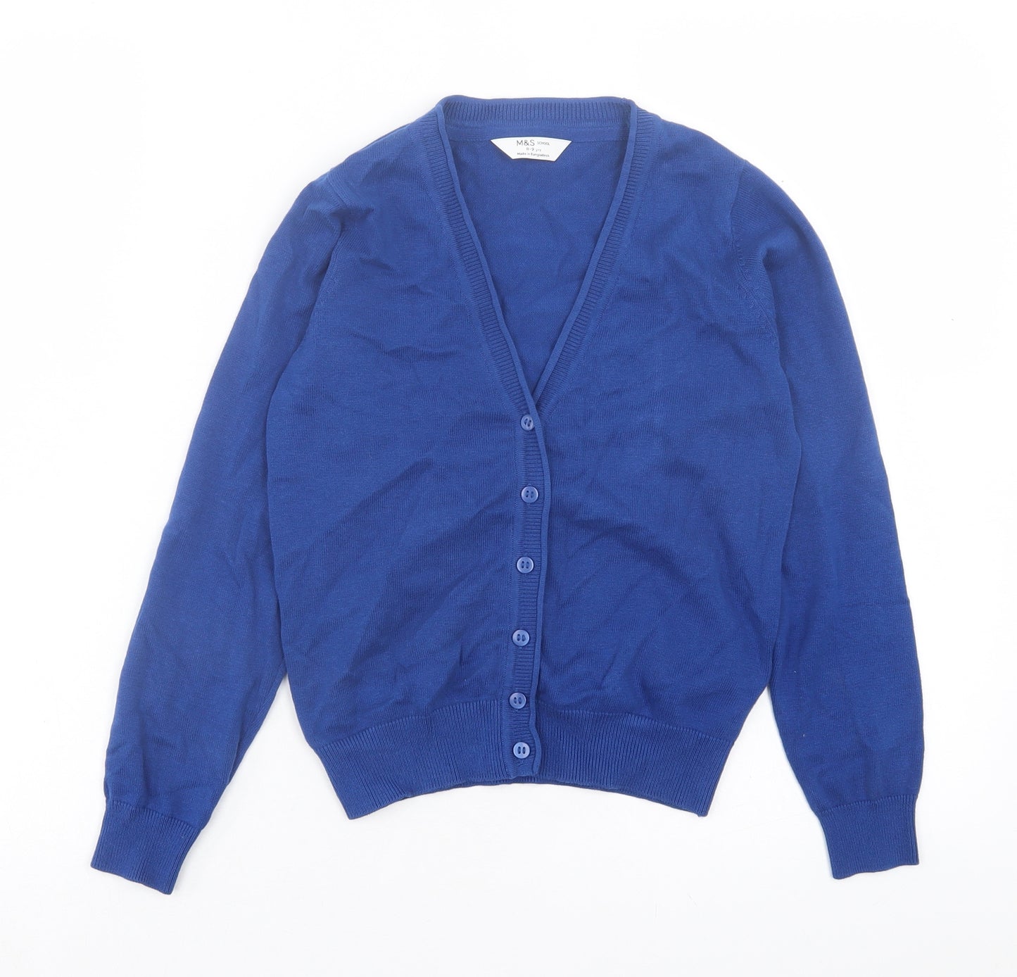 Marks and Spencer Girls Blue V-Neck Cotton Cardigan Jumper Size 8-9 Years Button - School Wear