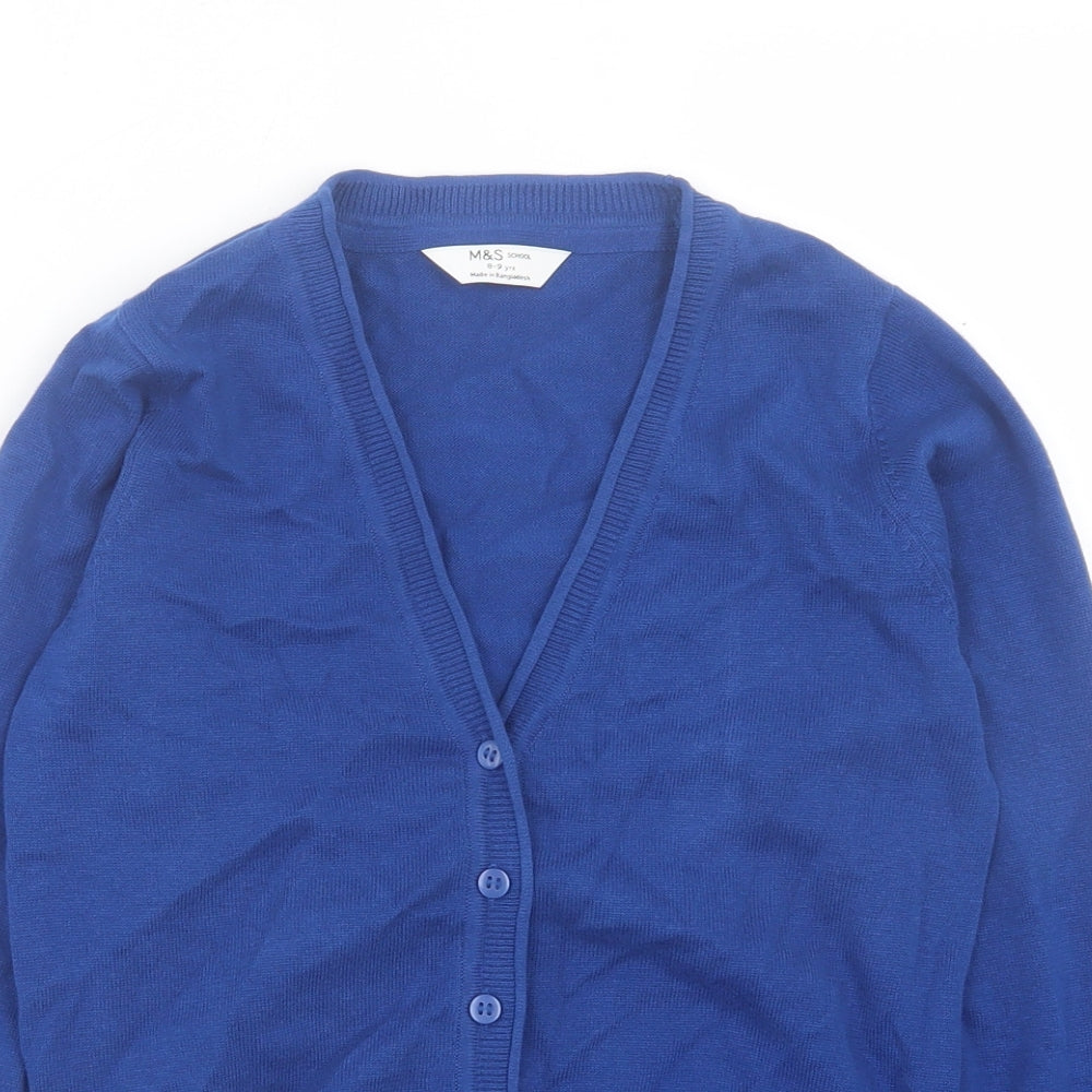 Marks and Spencer Girls Blue V-Neck Cotton Cardigan Jumper Size 8-9 Years Button - School Wear