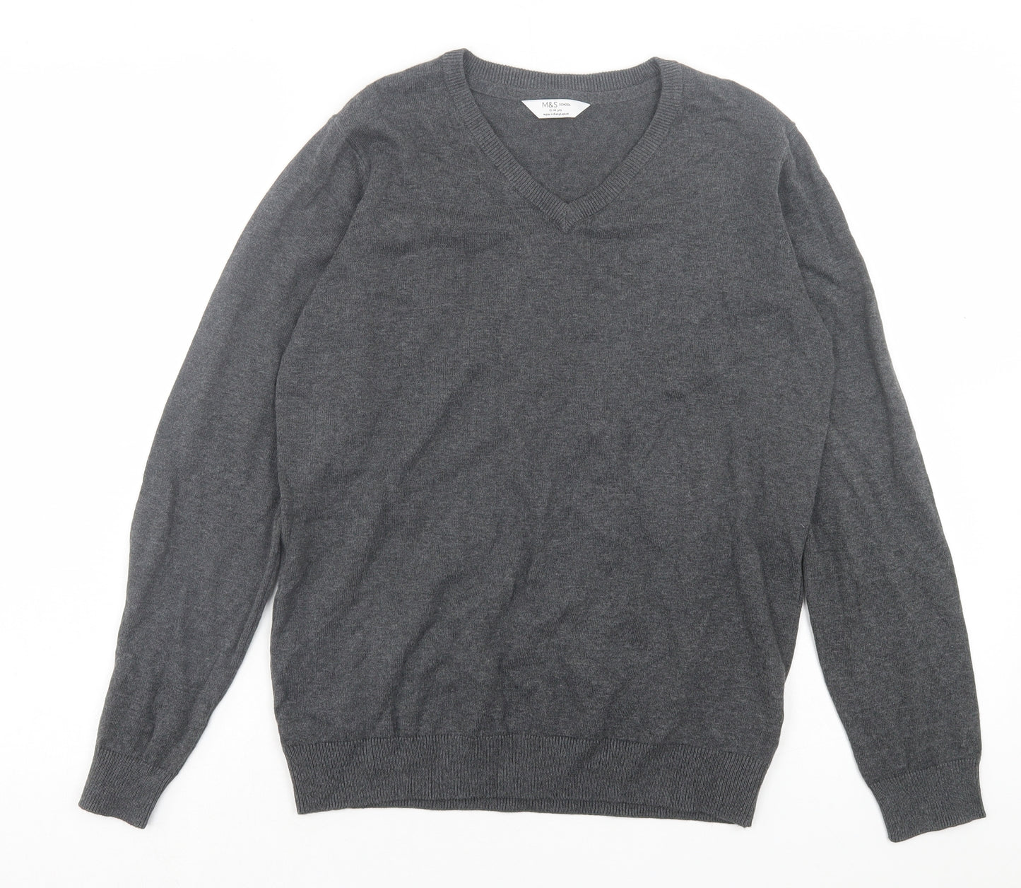 Marks and Spencer Boys Grey V-Neck Cotton Pullover Jumper Size 13-14 Years Pullover - School Wear