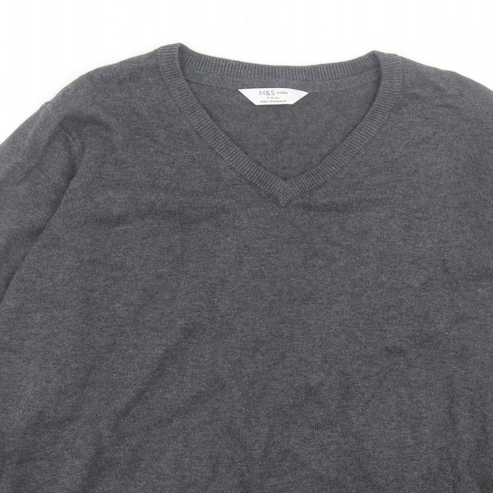 Marks and Spencer Boys Grey V-Neck Cotton Pullover Jumper Size 13-14 Years Pullover - School Wear