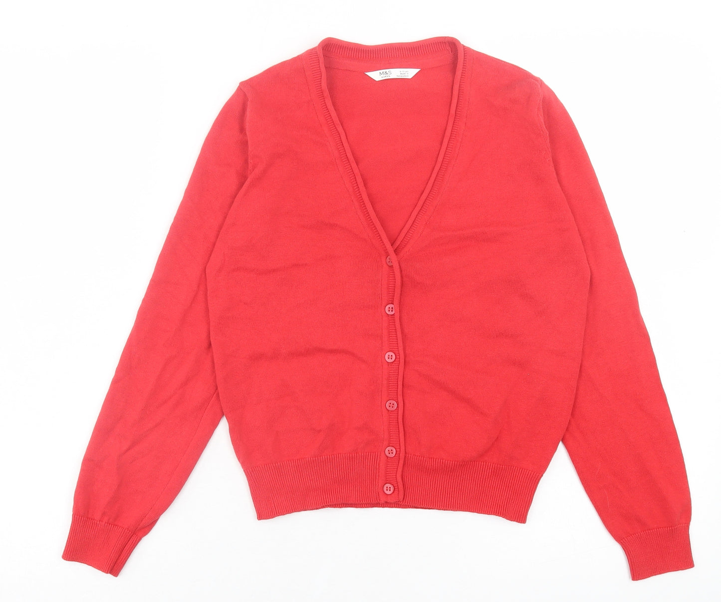 Marks and Spencer Girls Red V-Neck Cotton Cardigan Jumper Size 9-10 Years Button - School Wear