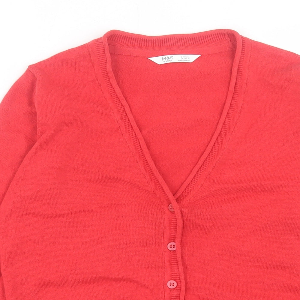 Marks and Spencer Girls Red V-Neck Cotton Cardigan Jumper Size 9-10 Years Button - School Wear