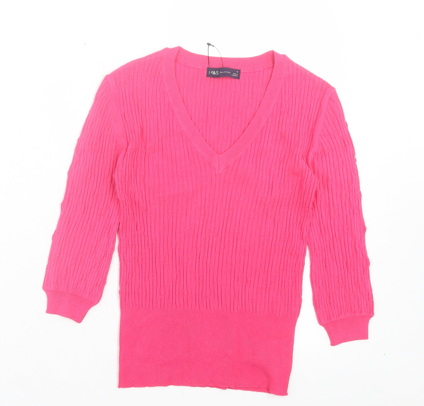 Marks and Spencer Womens Pink Viscose Basic T-Shirt Size 6 V-Neck