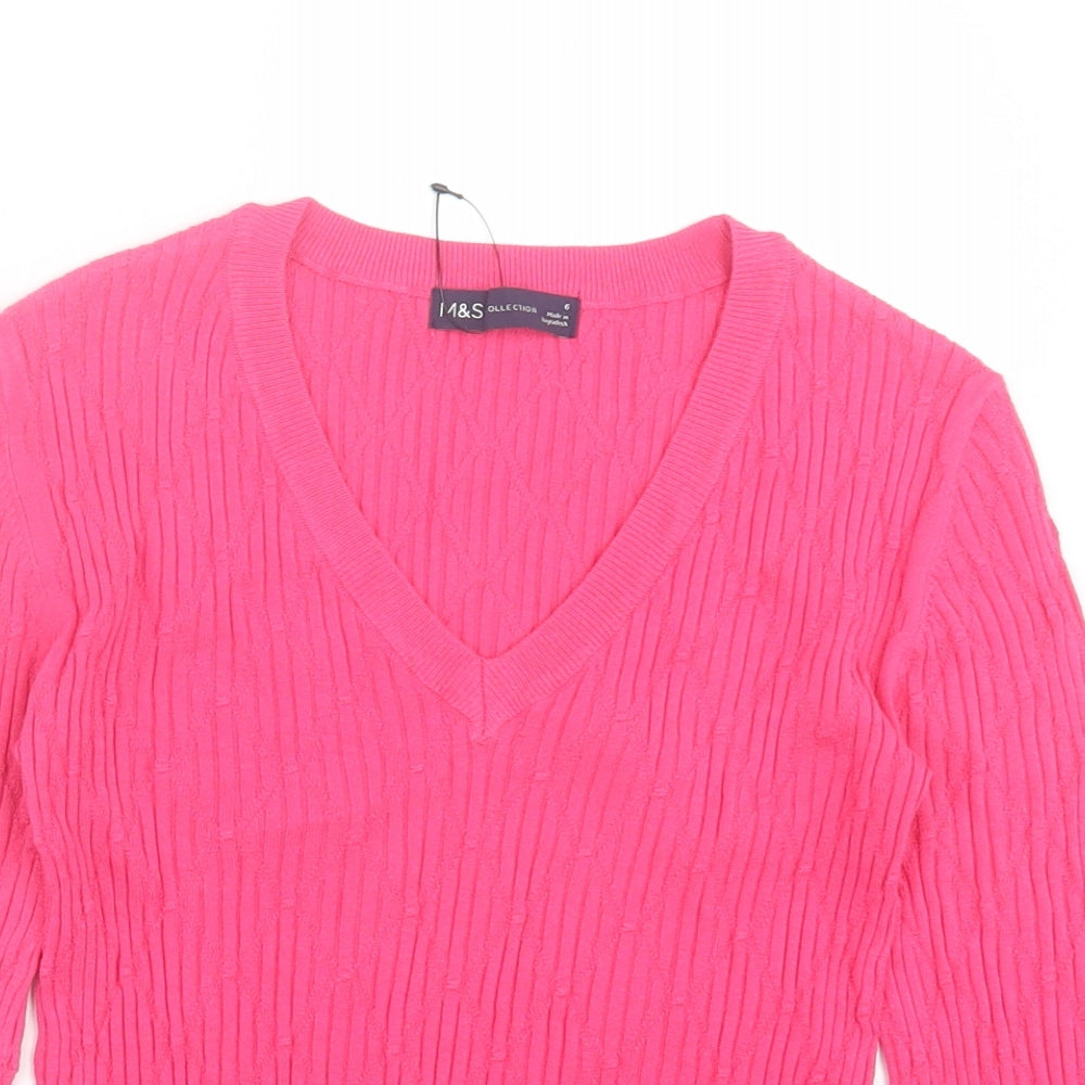 Marks and Spencer Womens Pink Viscose Basic T-Shirt Size 6 V-Neck