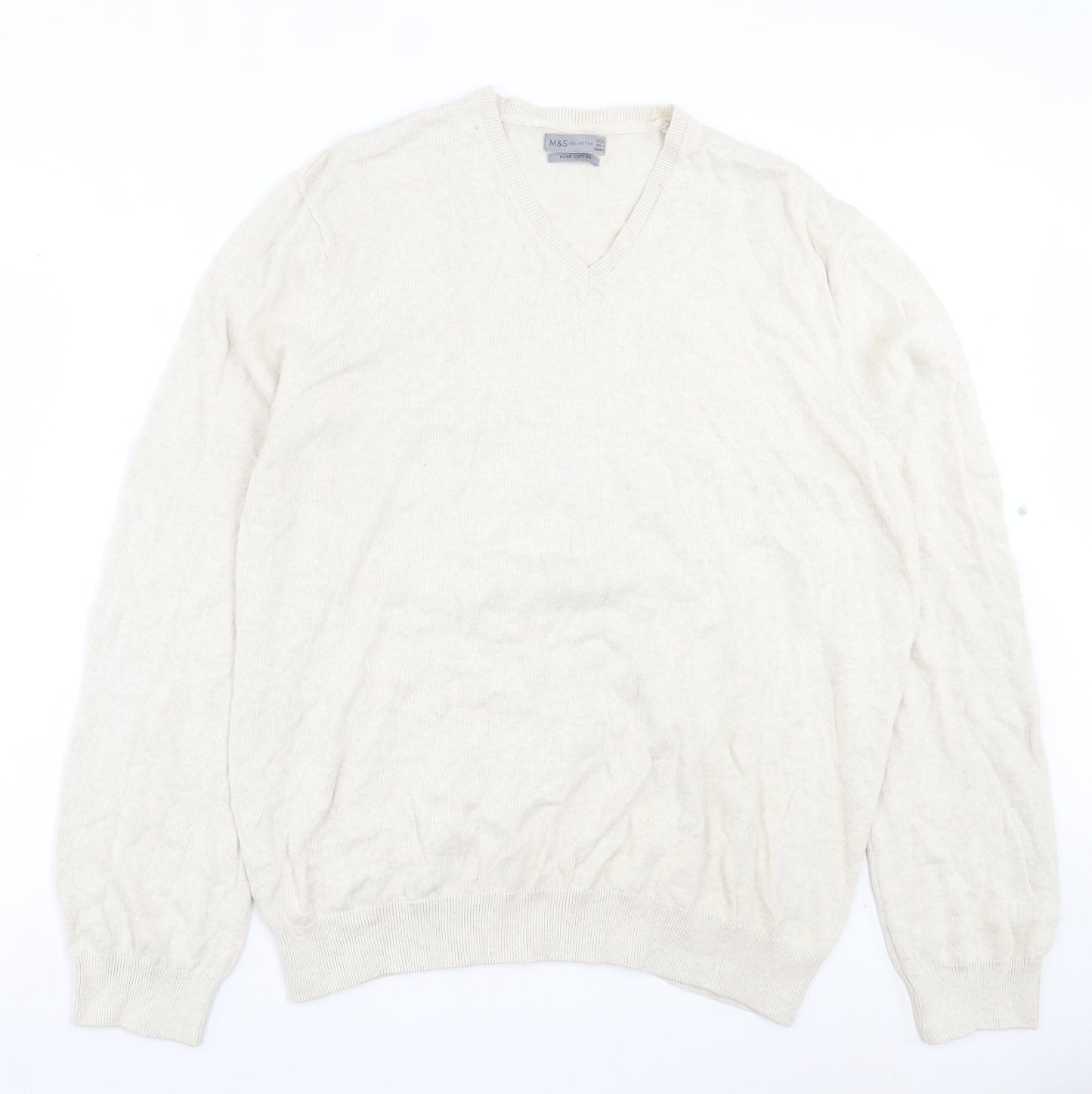 Marks and Spencer Mens Beige V-Neck Cotton Pullover Jumper Size 3XL