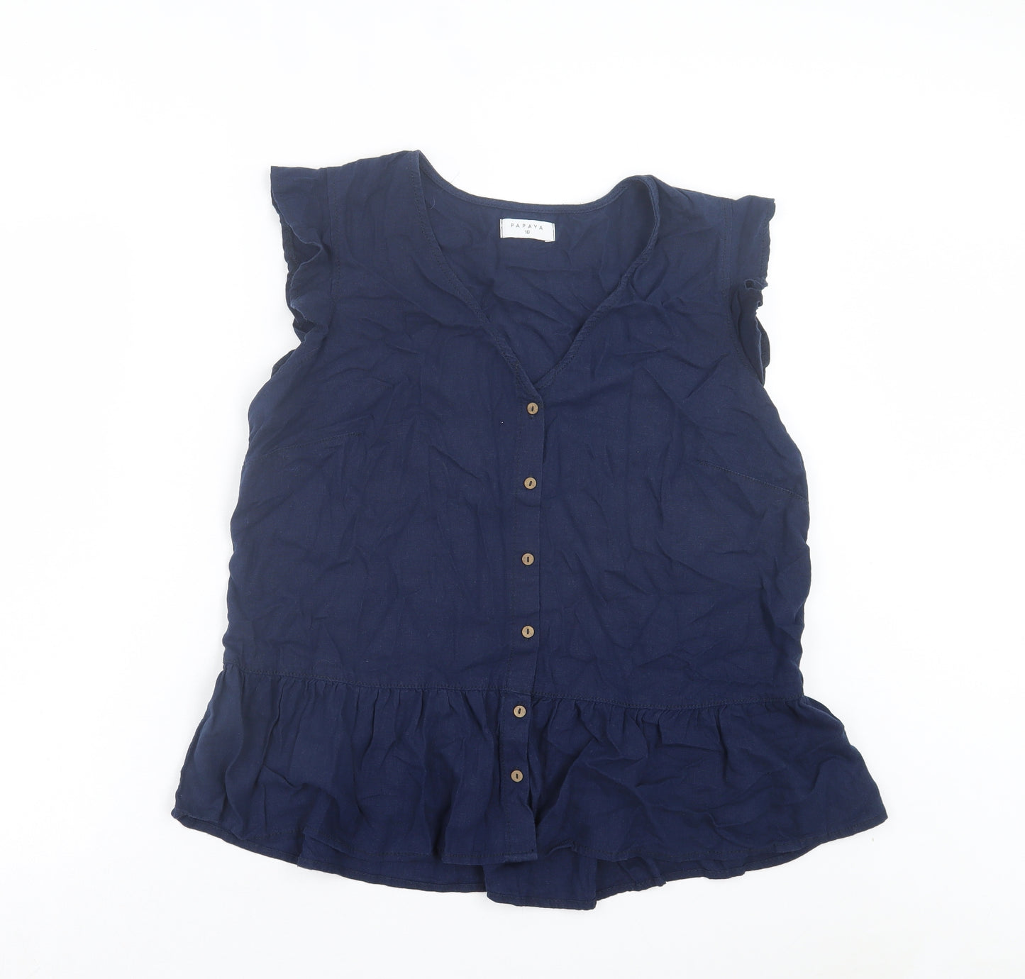 Papaya Womens Blue Linen Basic Button-Up Size 16 V-Neck