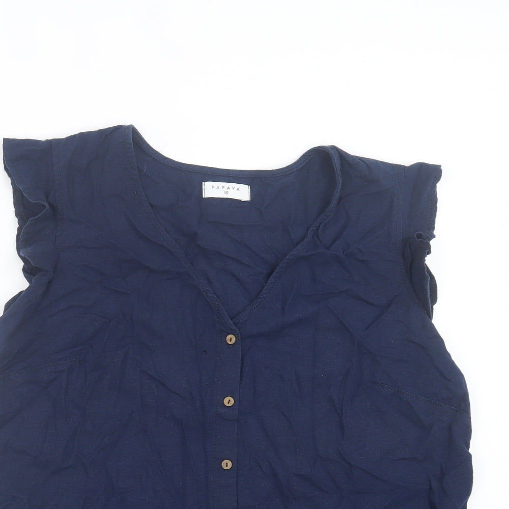 Papaya Womens Blue Linen Basic Button-Up Size 16 V-Neck