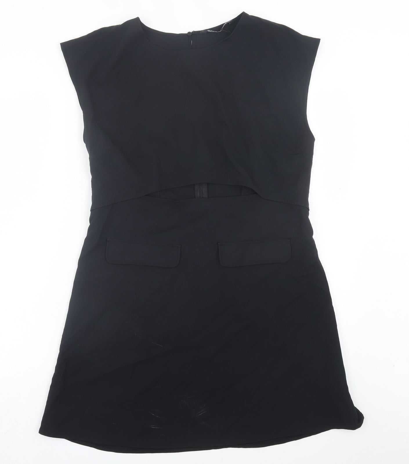 Zara Womens Black Polyester A-Line Size XL Crew Neck Button - Cut Out Front