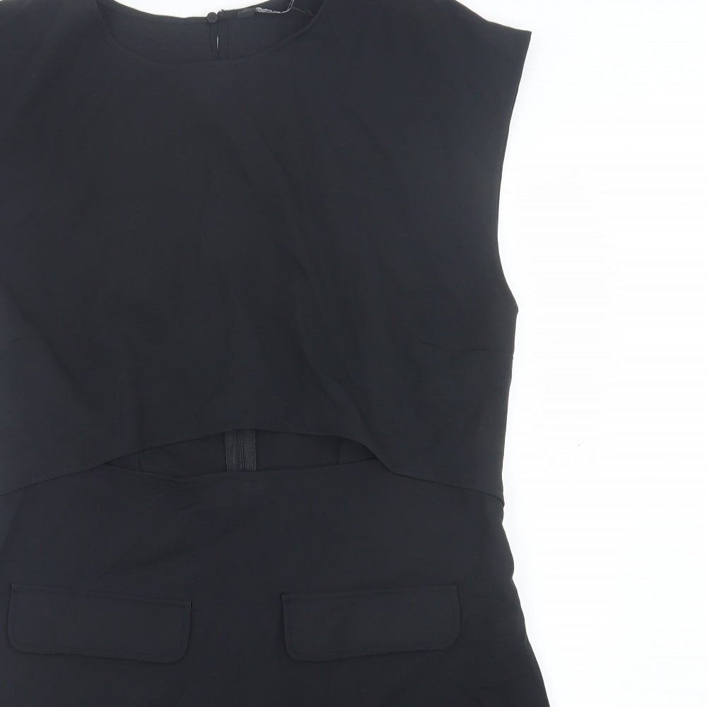 Zara Womens Black Polyester A-Line Size XL Crew Neck Button - Cut Out Front
