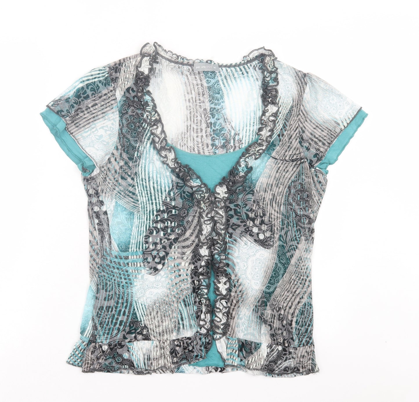 Per Una Womens Blue Geometric Viscose Basic T-Shirt Size 16 V-Neck