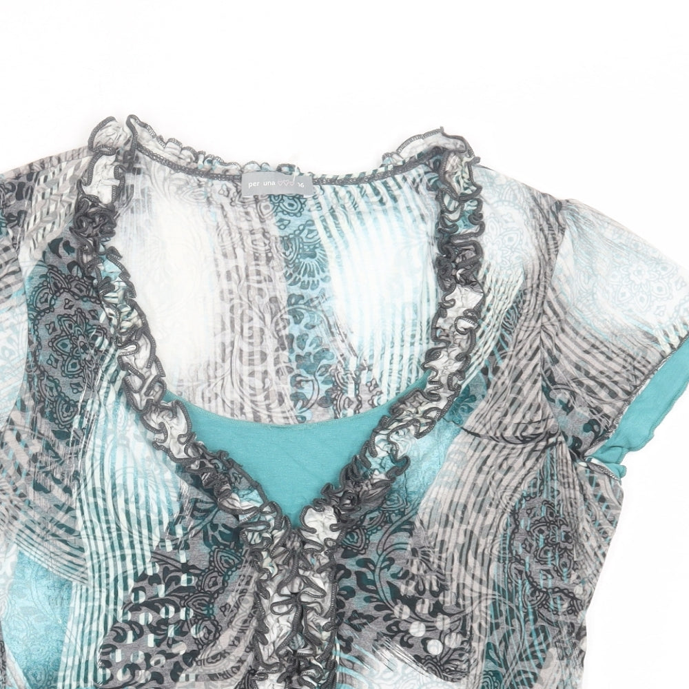 Per Una Womens Blue Geometric Viscose Basic T-Shirt Size 16 V-Neck