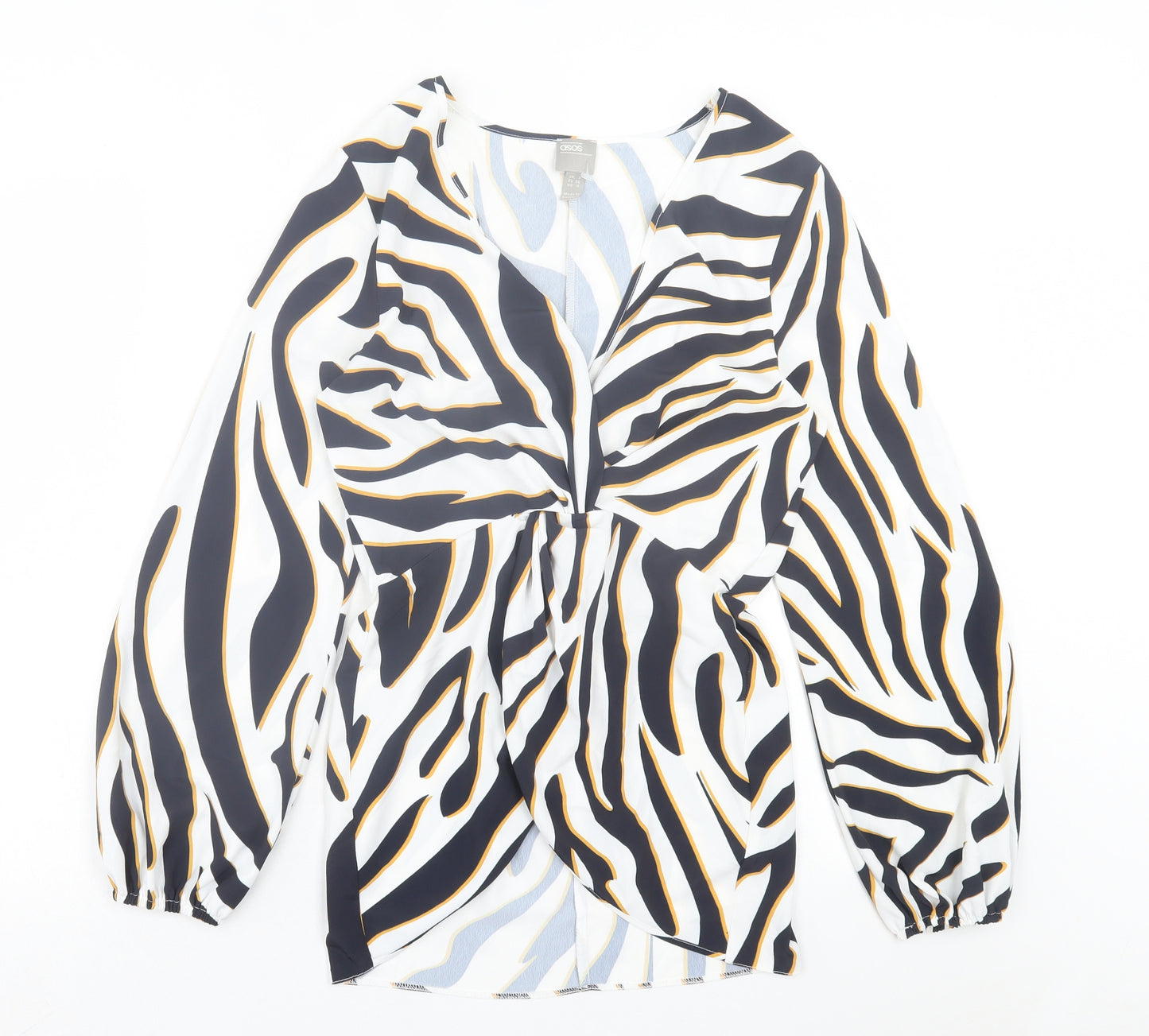 ASOS Womens White Animal Print Polyester Basic Blouse Size 8 V-Neck - Zebra Print