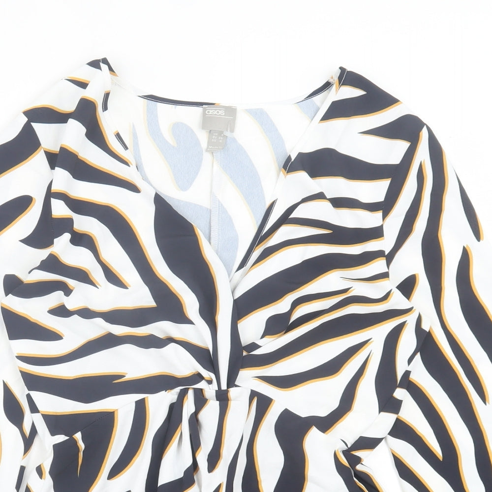 ASOS Womens White Animal Print Polyester Basic Blouse Size 8 V-Neck - Zebra Print