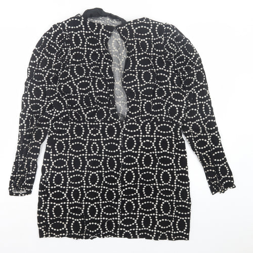 H&M Womens Black Geometric Viscose A-Line Size 14 Crew Neck Button - Shoulder Pads