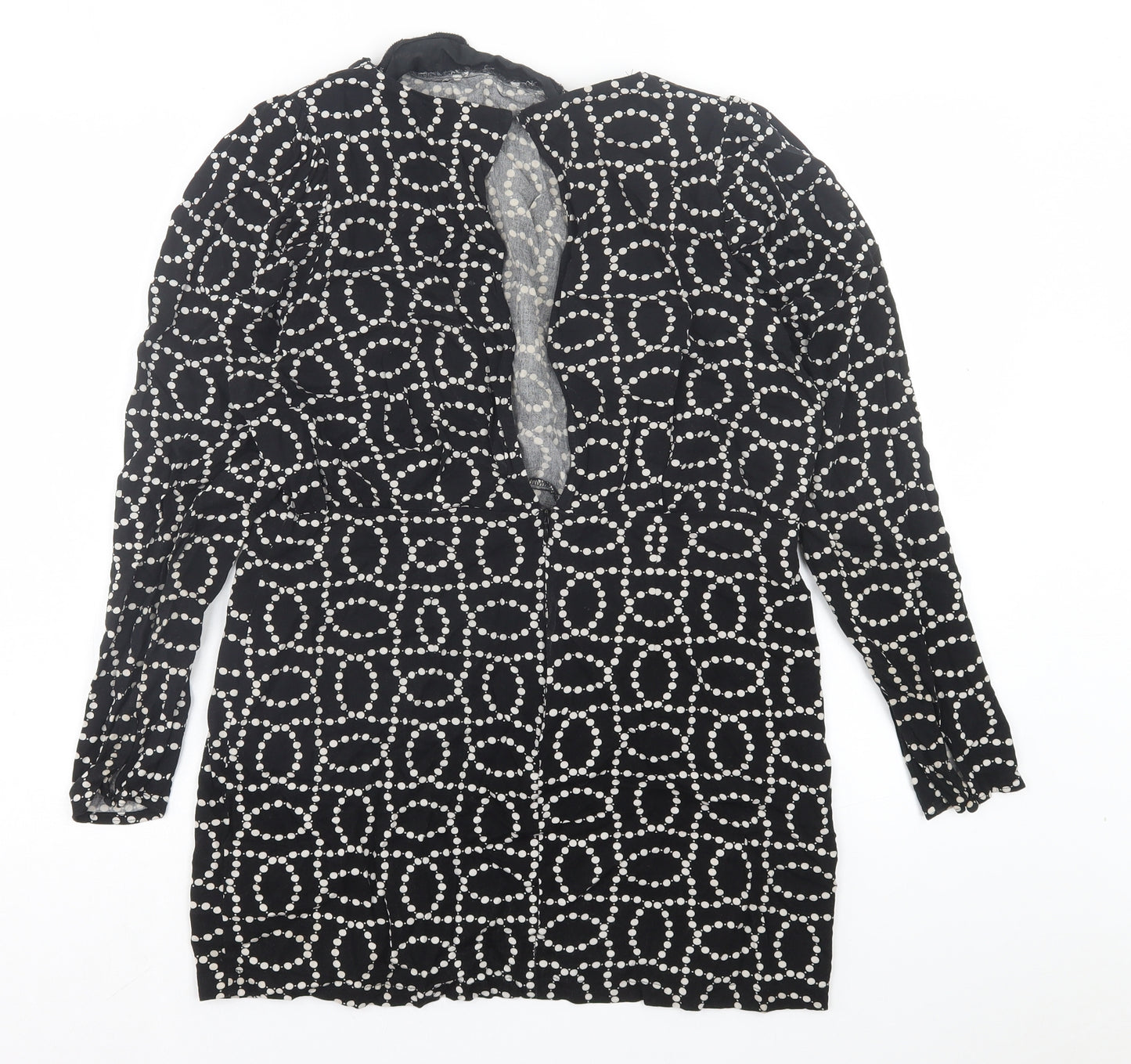 H&M Womens Black Geometric Viscose A-Line Size 14 Crew Neck Button - Shoulder Pads