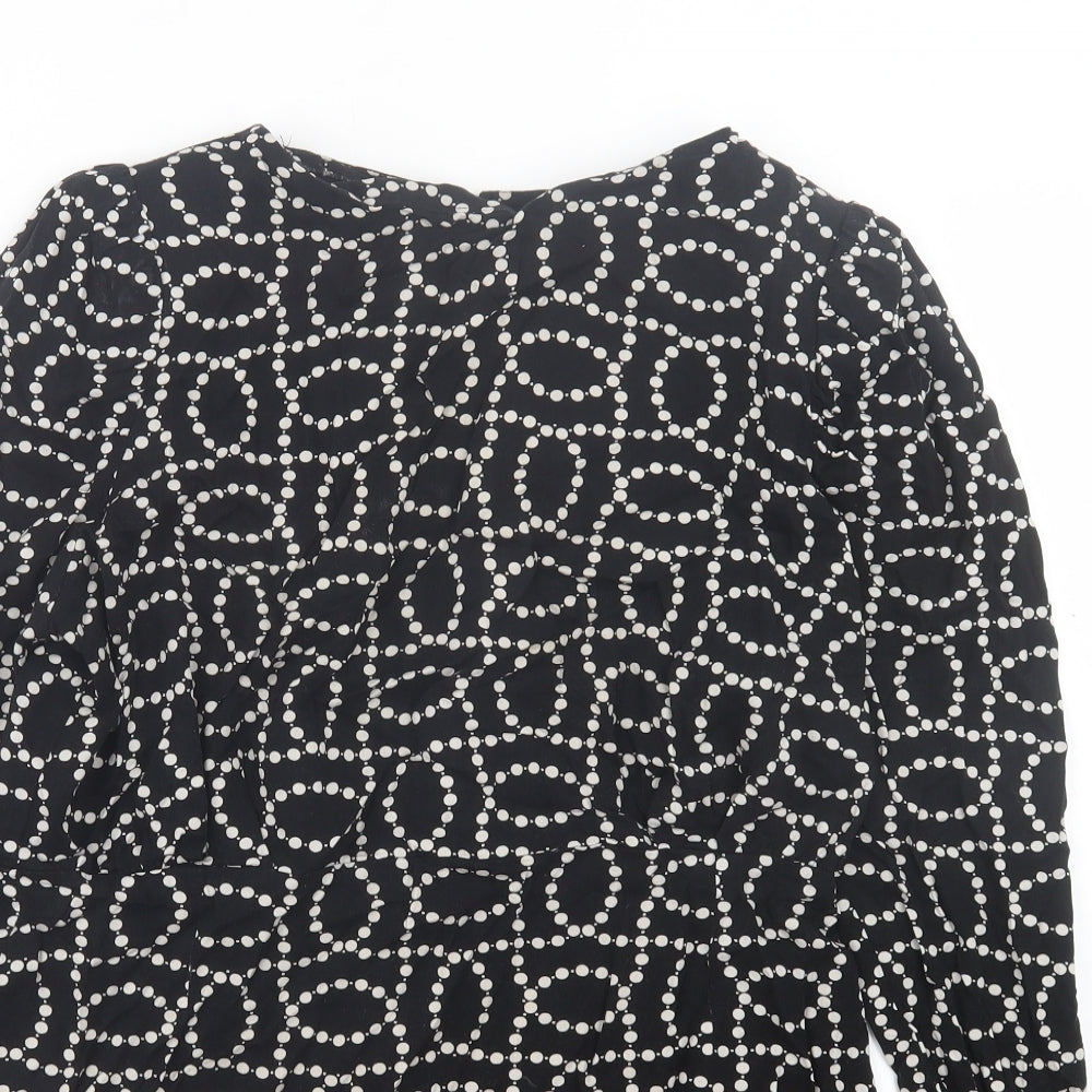 H&M Womens Black Geometric Viscose A-Line Size 14 Crew Neck Button - Shoulder Pads