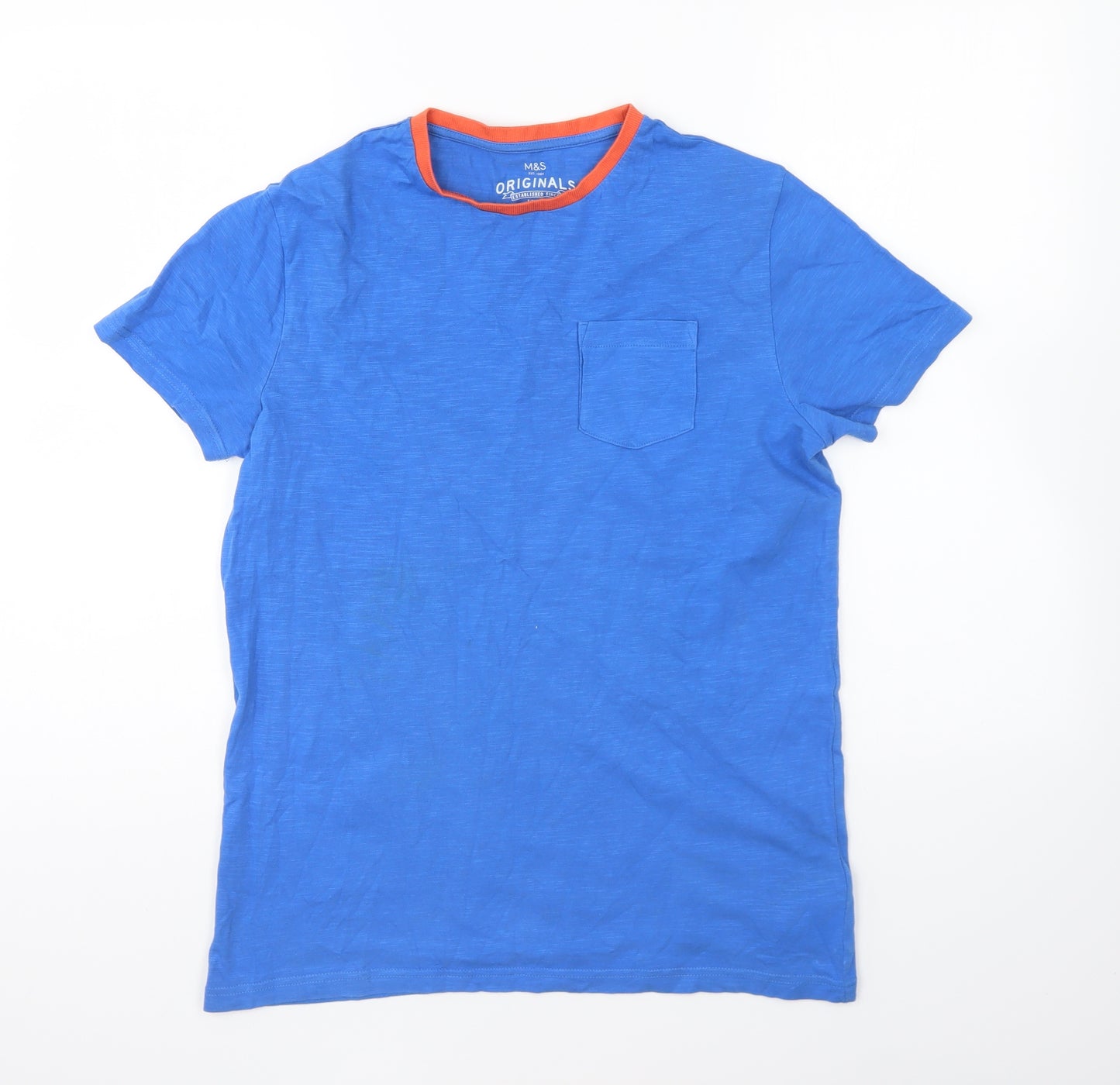 Marks and Spencer Boys Blue Cotton Basic T-Shirt Size 13-14 Years Round Neck Pullover