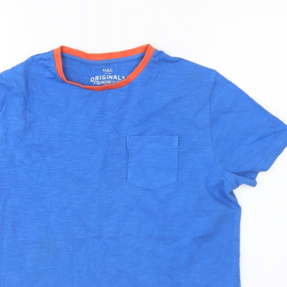 Marks and Spencer Boys Blue Cotton Basic T-Shirt Size 13-14 Years Round Neck Pullover