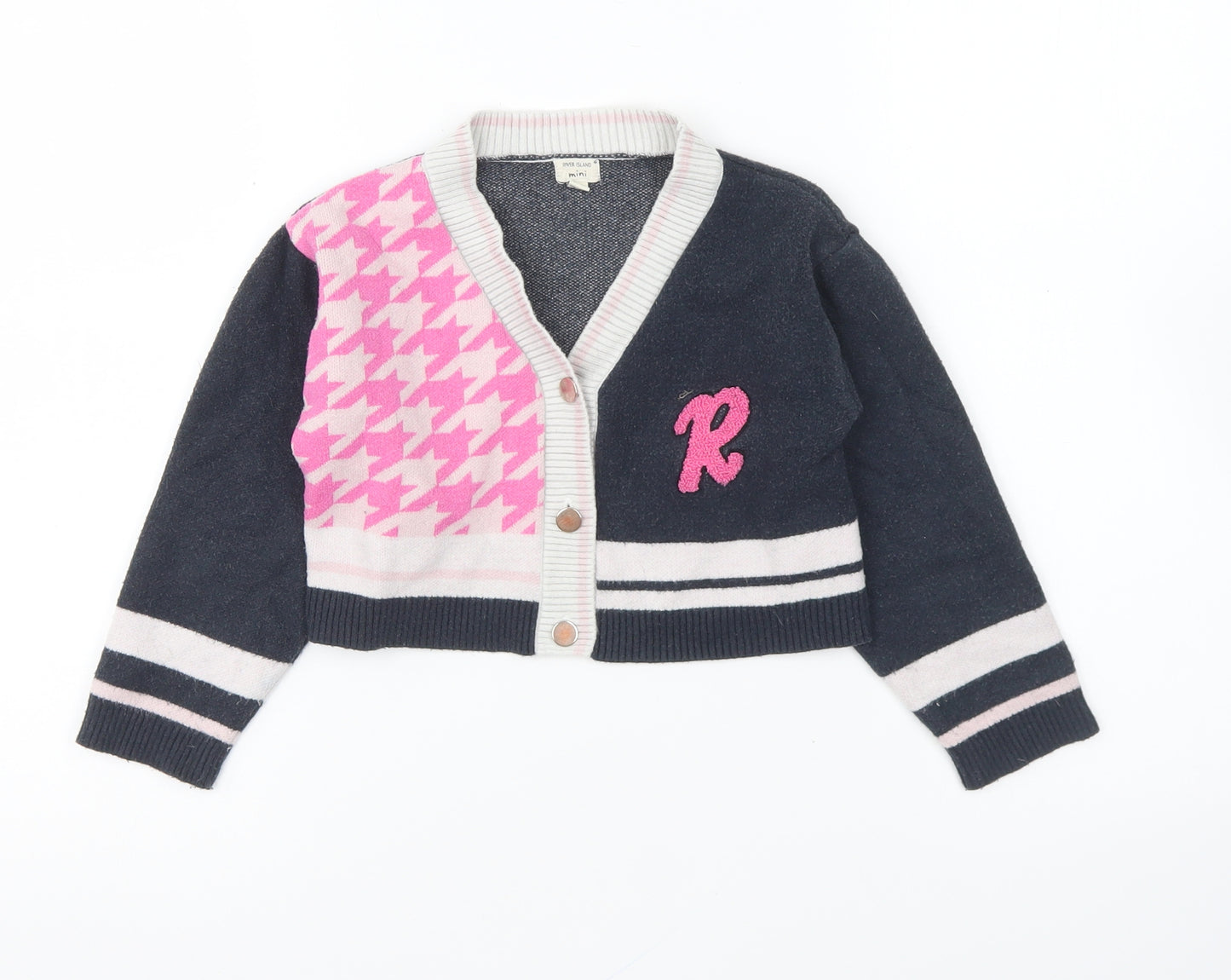 River Island Girls Multicoloured V-Neck Houndstooth Viscose Cardigan Jumper Size 3-4 Years Button