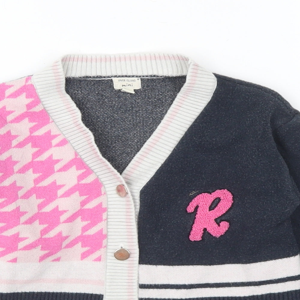 River Island Girls Multicoloured V-Neck Houndstooth Viscose Cardigan Jumper Size 3-4 Years Button