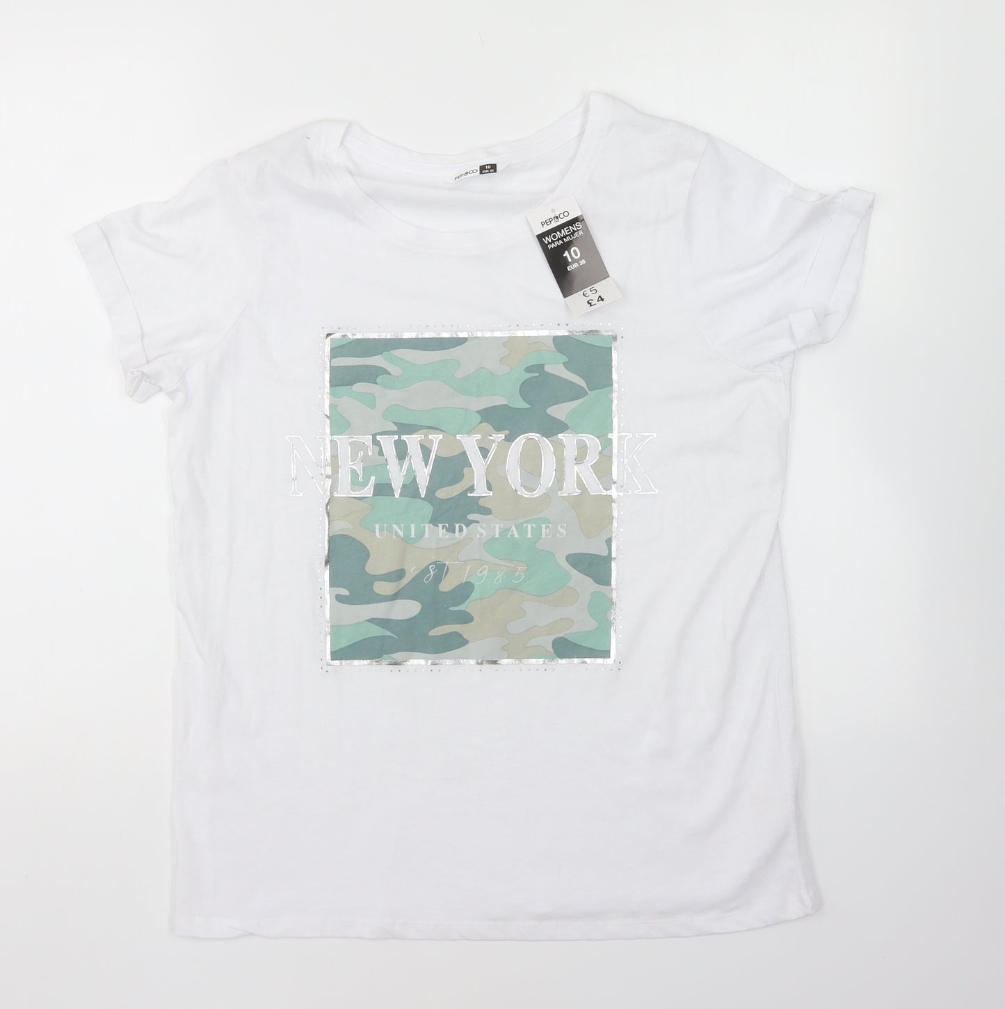 PEP & CO Womens White Cotton Basic T-Shirt Size 10 Round Neck - New York