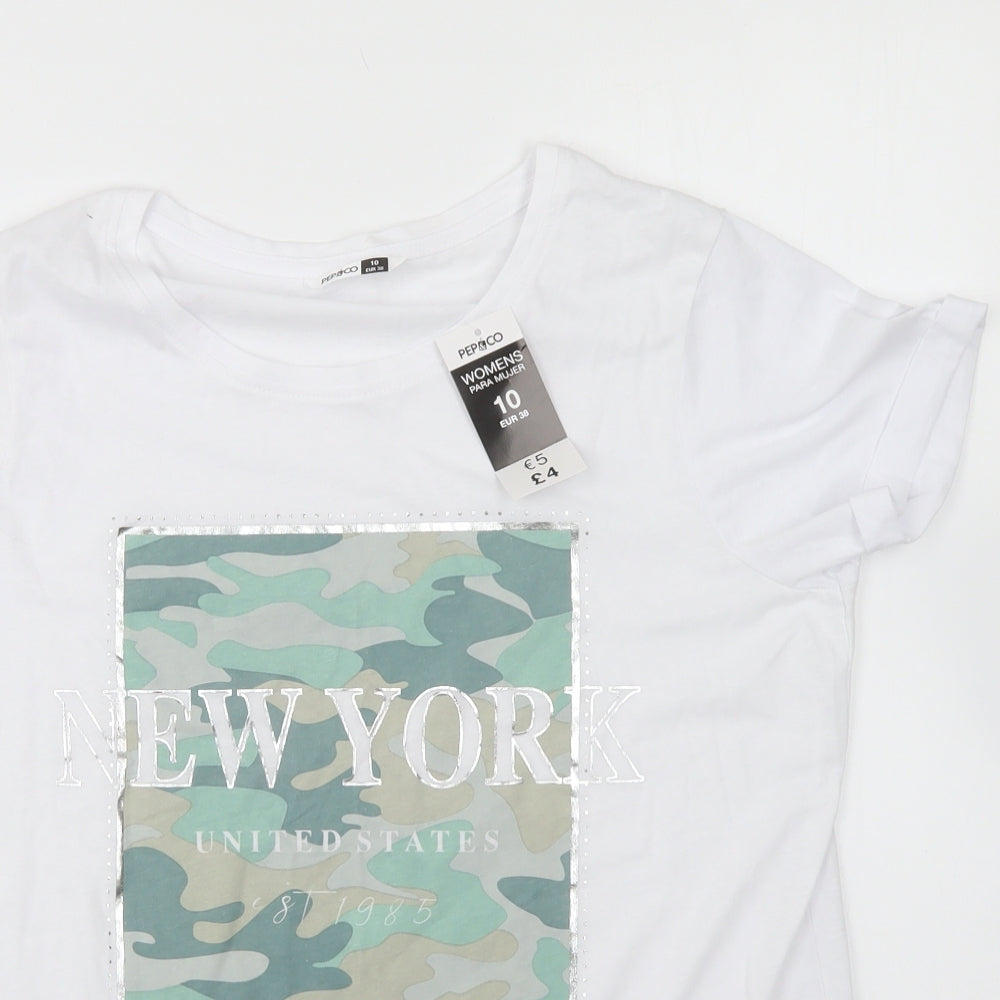 PEP & CO Womens White Cotton Basic T-Shirt Size 10 Round Neck - New York