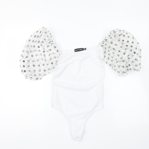 PRETTYLITTLETHING Womens White Polyester Bodysuit One-Piece Size 10 Snap - Mesh Sleeves.