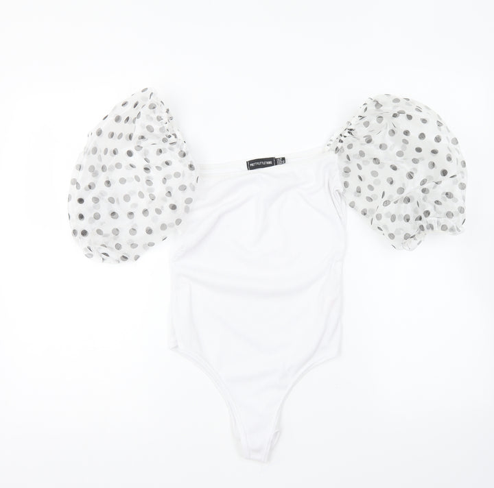 PRETTYLITTLETHING Womens White Polyester Bodysuit One-Piece Size 10 Snap - Mesh Sleeves.