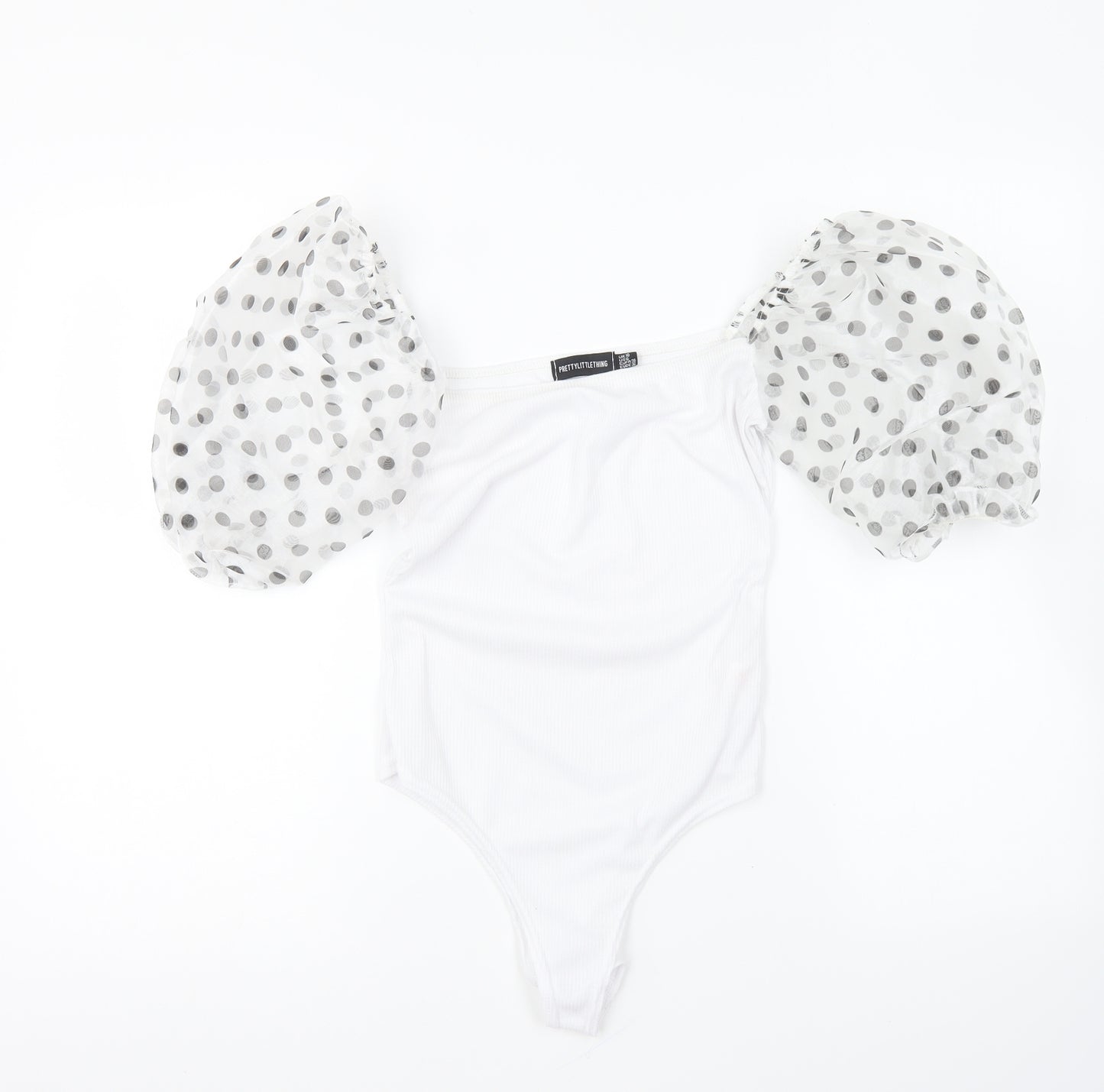 PRETTYLITTLETHING Womens White Polyester Bodysuit One-Piece Size 10 Snap - Mesh Sleeves.