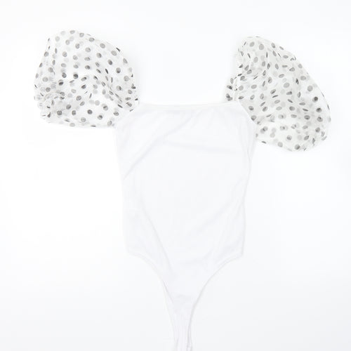 PRETTYLITTLETHING Womens White Polyester Bodysuit One-Piece Size 10 Snap - Mesh Sleeves.