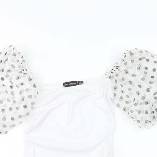 PRETTYLITTLETHING Womens White Polyester Bodysuit One-Piece Size 10 Snap - Mesh Sleeves.