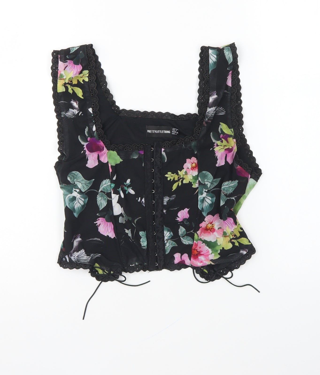 PRETTYLITTLETHING Womens Multicoloured Floral Polyester Cropped Blouse Size 8 Square Neck