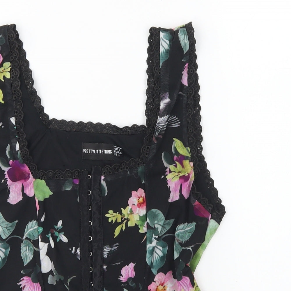 PRETTYLITTLETHING Womens Multicoloured Floral Polyester Cropped Blouse Size 8 Square Neck
