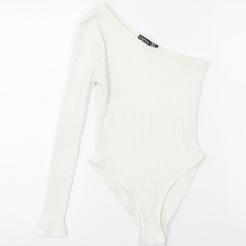 Boohoo Womens White Viscose Bodysuit One-Piece Size 10 Snap