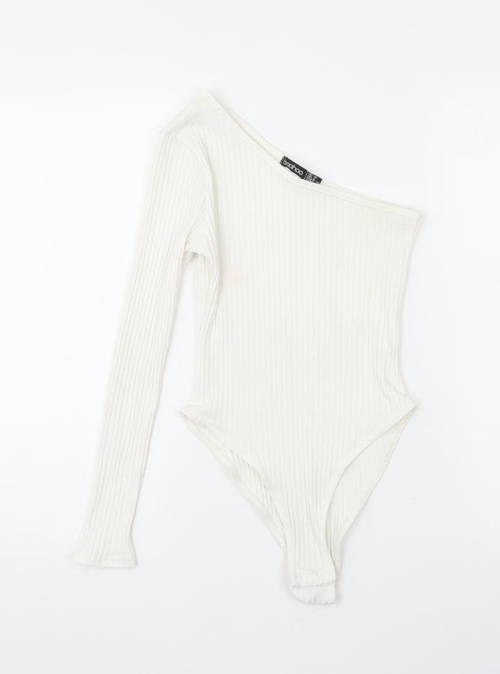 Boohoo Womens White Viscose Bodysuit One-Piece Size 10 Snap