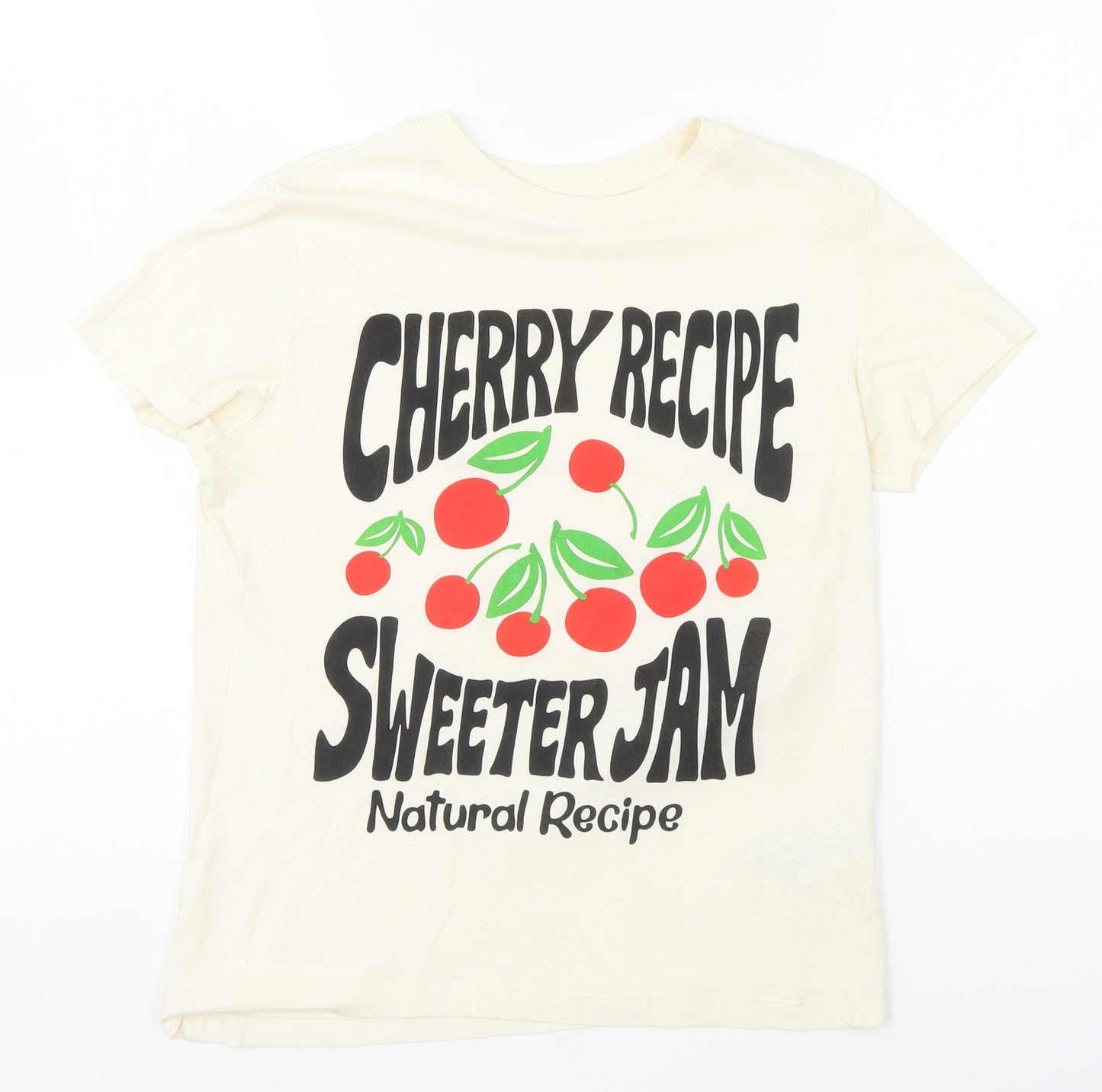 Pull&Bear Womens Ivory Cotton Basic T-Shirt Size XS Round Neck - Cherry Recipe Sweeter Jam