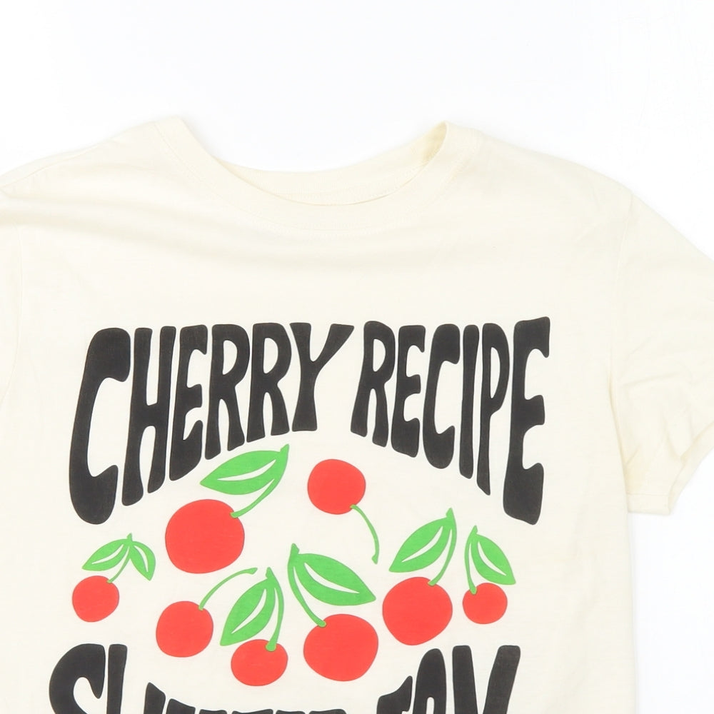 Pull&Bear Womens Ivory Cotton Basic T-Shirt Size XS Round Neck - Cherry Recipe Sweeter Jam