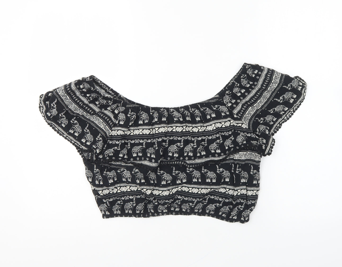 H&M Womens Black Geometric Viscose Cropped Blouse Size 12 Off the Shoulder