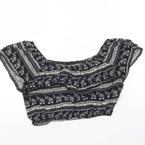 H&M Womens Black Geometric Viscose Cropped Blouse Size 12 Off the Shoulder