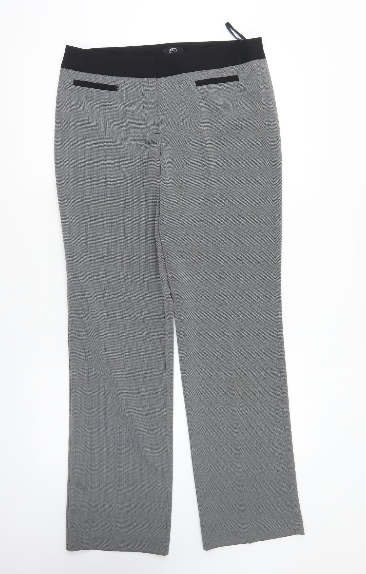 F&F Womens Black Geometric Polyester Trousers Size 10 L30 in Regular Button