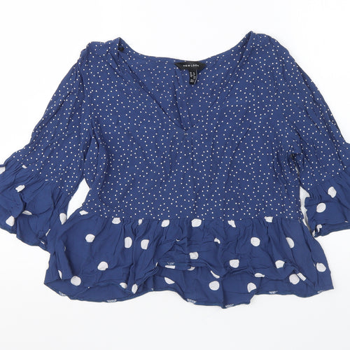 New Look Womens Blue Polka Dot Viscose Basic Blouse Size 12 V-Neck