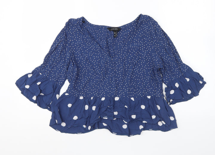 New Look Womens Blue Polka Dot Viscose Basic Blouse Size 12 V-Neck