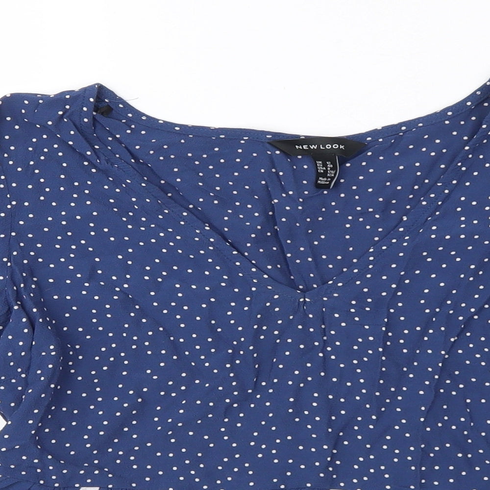 New Look Womens Blue Polka Dot Viscose Basic Blouse Size 12 V-Neck