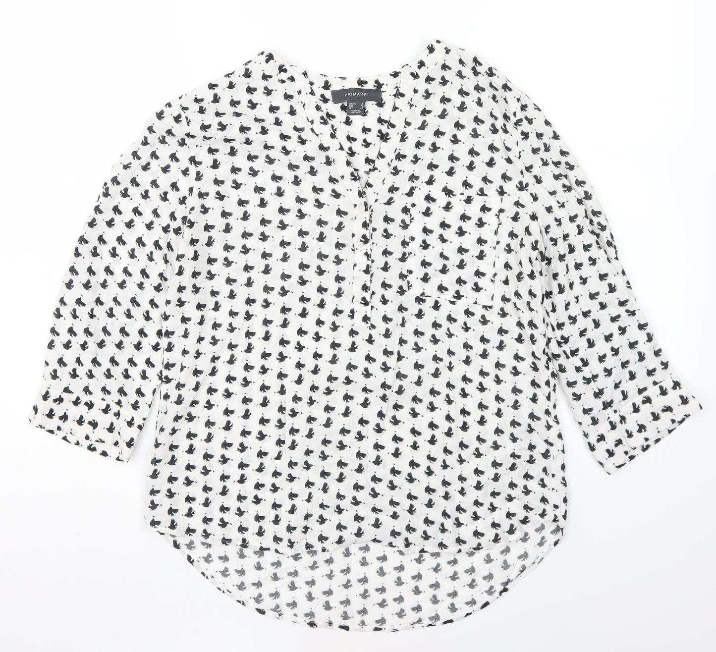 Primark Womens White Geometric Cotton Basic Blouse Size 8 V-Neck - Bird Prints