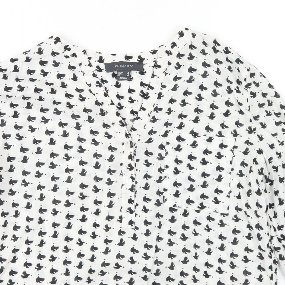 Primark Womens White Geometric Cotton Basic Blouse Size 8 V-Neck - Bird Prints