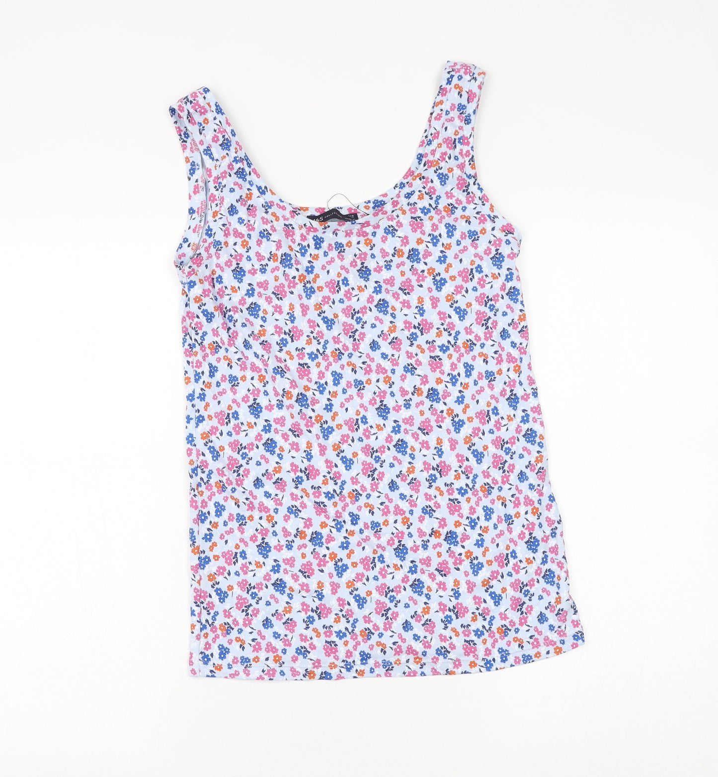 Marks and Spencer Womens Blue Floral Cotton Basic Tank Size 12 Round Neck