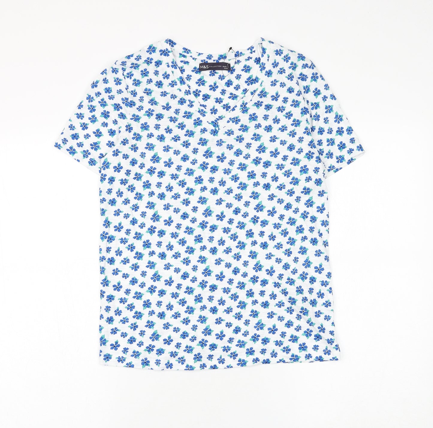 Marks and Spencer Womens White Floral Cotton Basic T-Shirt Size 6 V-Neck