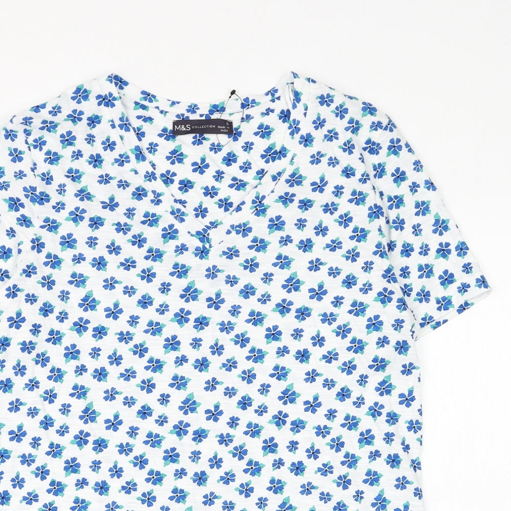 Marks and Spencer Womens White Floral Cotton Basic T-Shirt Size 6 V-Neck