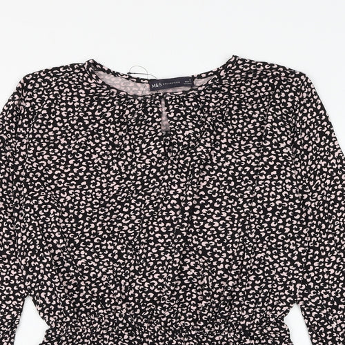 Marks and Spencer Womens Black Animal Print Viscose Basic Blouse Size 6 Round Neck
