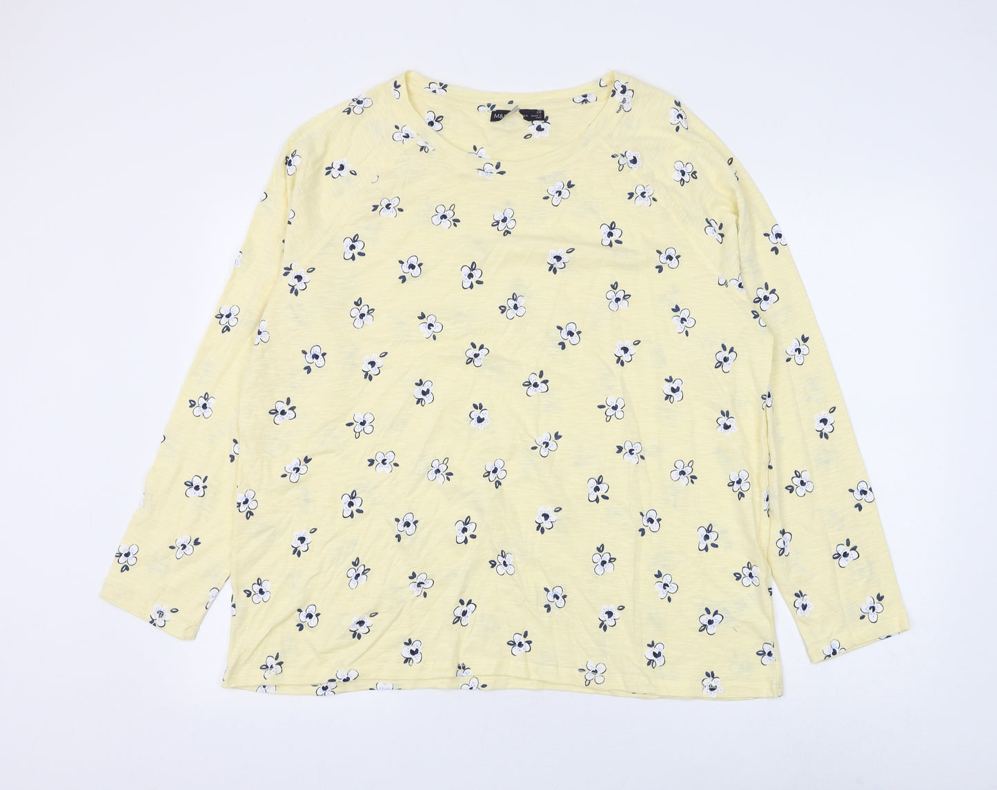 Marks and Spencer Womens Yellow Floral Cotton Basic T-Shirt Size 20 Round Neck
